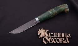 Финка "Lappi" (Лаппи), клинок сталь дамаск, след ковки, рукоять стабилизированная карельская береза (цвет зеленый)